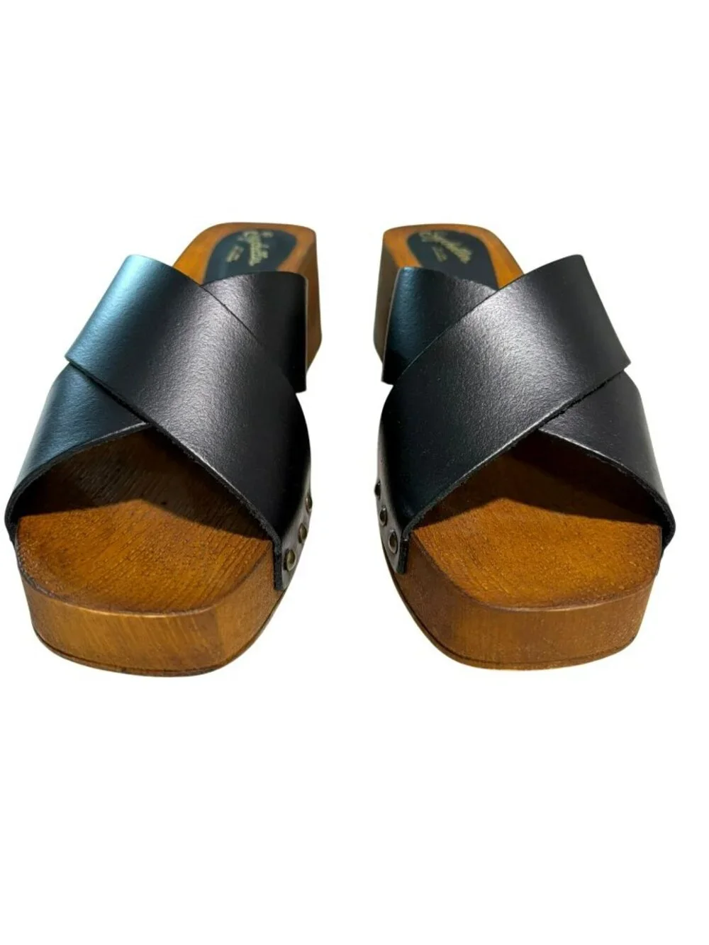 Seychelles Black Leather Platform Sandals Size 8  Wooden Heel Clogs-Brand New